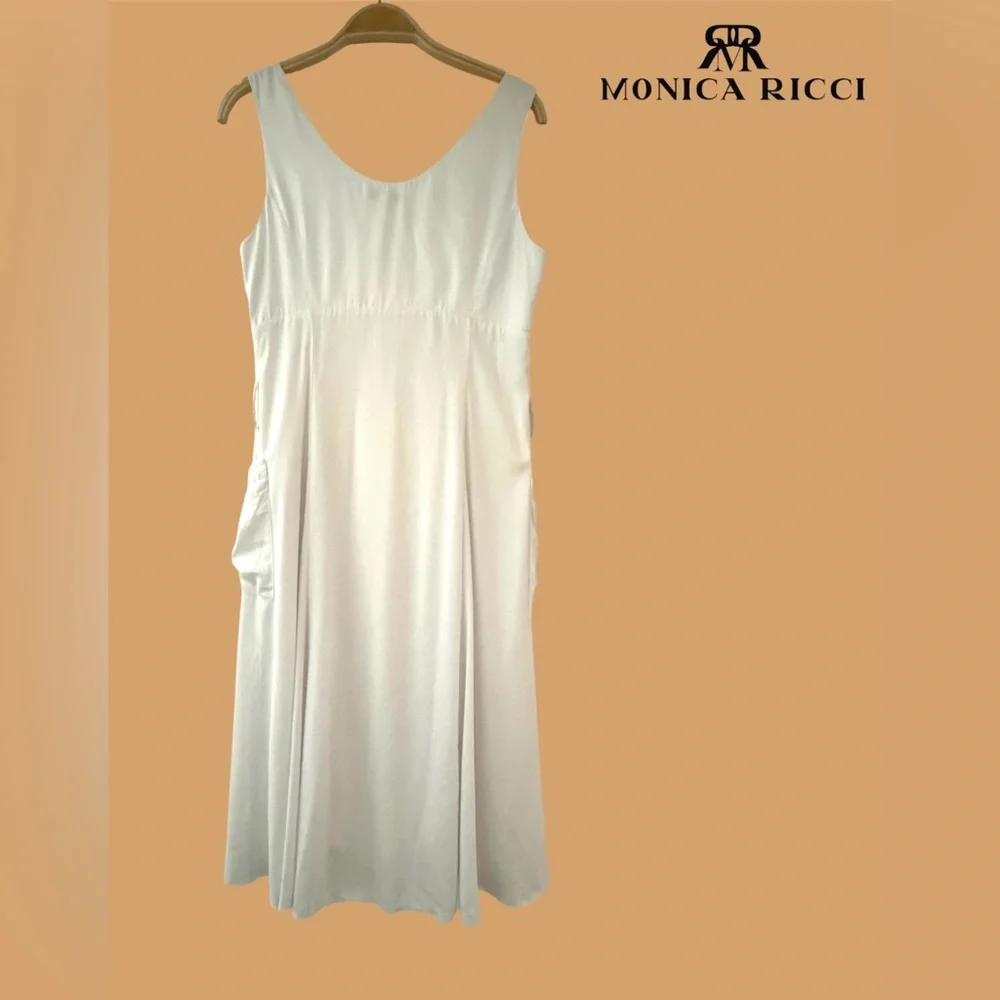 🛍️SALE🛍️ Monica Ricci White V-Neck Sleeveless Midi Dress with Tan Waist Sash - Picture 6 of 8